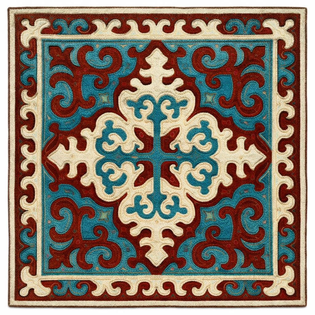 Traditioneller Shyrdak-Teppich mit symmetrischen Mustern in Türkis und Rot