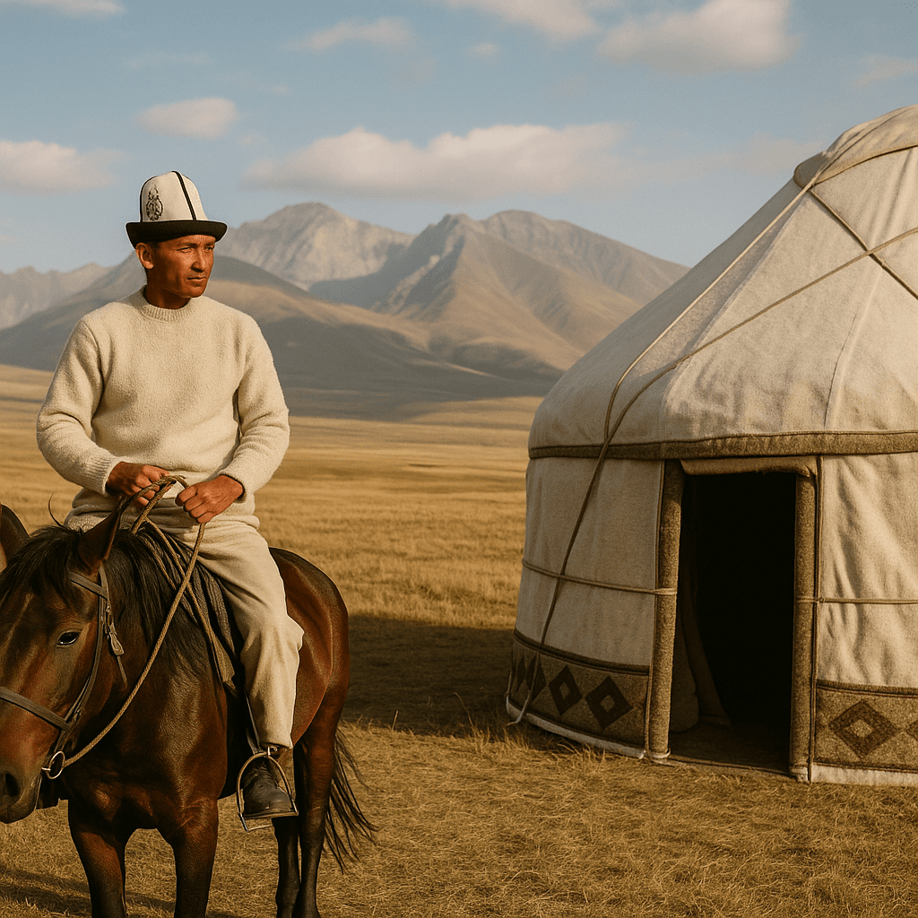 Kirgisische Handwerkerin beim Filzen von Wolle in ihrer Werkstatt in Naryn