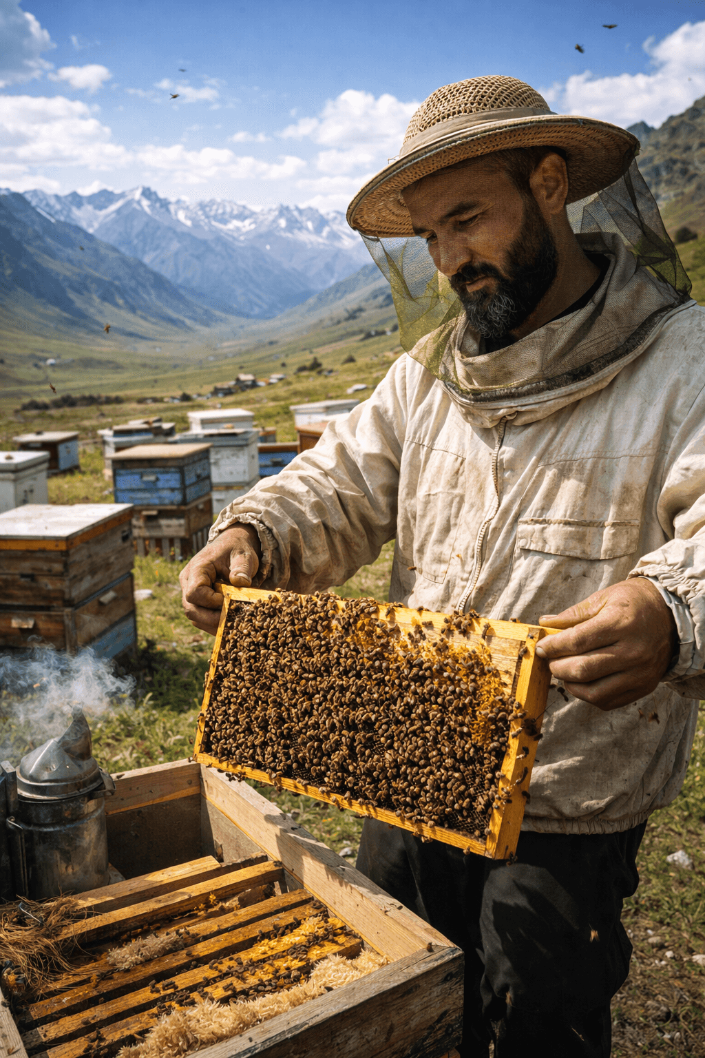 Nursultan — Imker mit Bienenwaben im Suusamyr-Tal